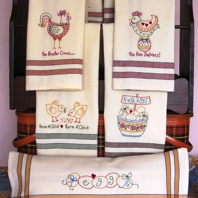 The Hen Delivers Tea Towels Machine Embroidery CD 3 The Hen Delivers Tea Towels Machine Embroidery CD