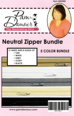 Neurtral 5 Colors, 3 Yards Each Of Reversible Coil Zipper Tape With 8 Slides