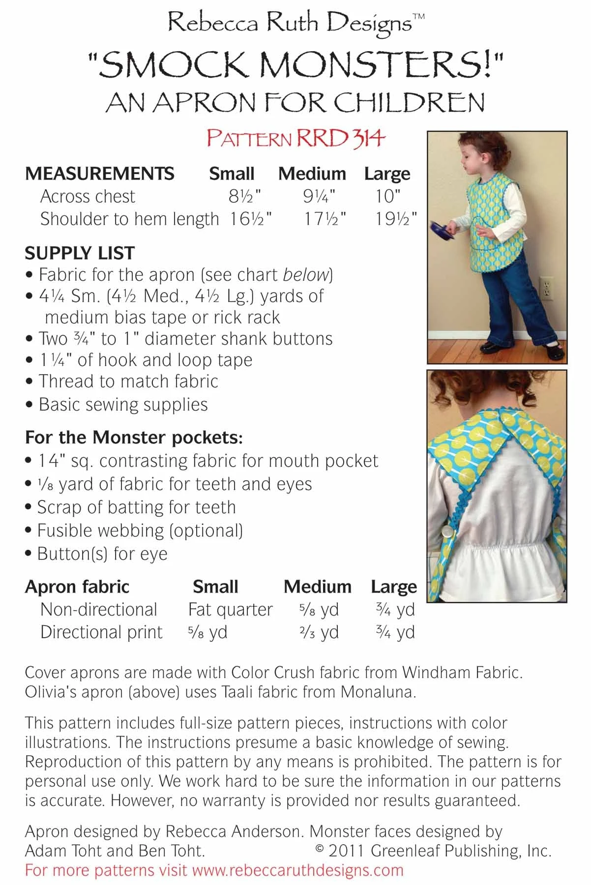 Smock Monsters Toddler Apron Pattern 4 Smock Monsters Toddler Apron Pattern - Image 2